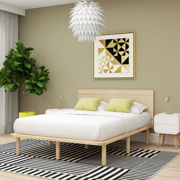 Natural Solid Wood Bed Frame Base With Headboard Queen