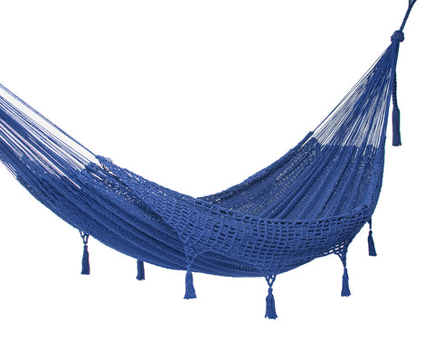 Mayan Legacy Outdoor Undercover Cotton Hammock With Hand Crocheted Tassels King Size Blue
