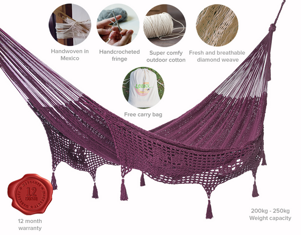 Hammocks Mayan Legacy Outdoor Undercover Cotton Hammock With Hand Crocheted Tassels Queen Size Maroon