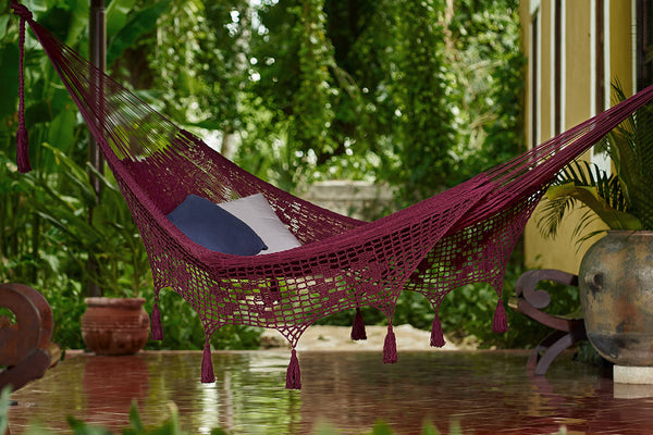 Hammocks Mayan Legacy Outdoor Undercover Cotton Hammock With Hand Crocheted Tassels Queen Size Maroon