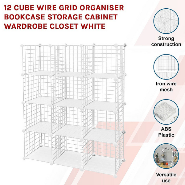 Bookshelves 12 Cube Wire Grid Organiser Bookcase Storage Cabinet Wardrobe Closet White