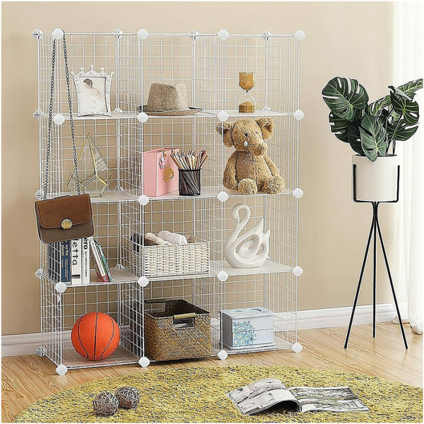 Bookshelves 12 Cube Wire Grid Organiser Bookcase Storage Cabinet Wardrobe Closet White