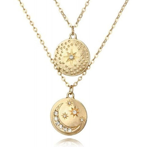 Vintage Multilayer Crystal Pendant Necklace Jewelry Women Gold Colour Beads Moon Star