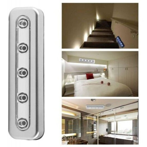 Night Lights Brightness Wireless Wall 5 Led Cabinet Closet Self Stick Tap Light Silver