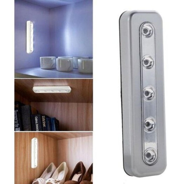 Night Lights Brightness Wireless Wall 5 Led Cabinet Closet Self Stick Tap Light Silver