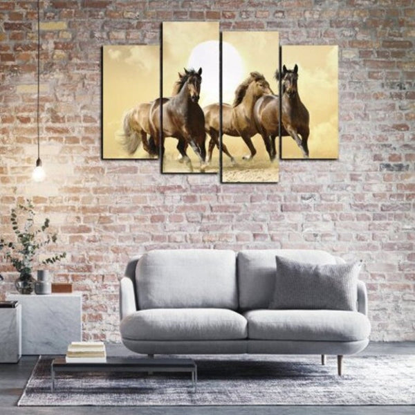 4 Panel Canvas Brown Horse Running Animal Painting Modern Home Wall Decoration