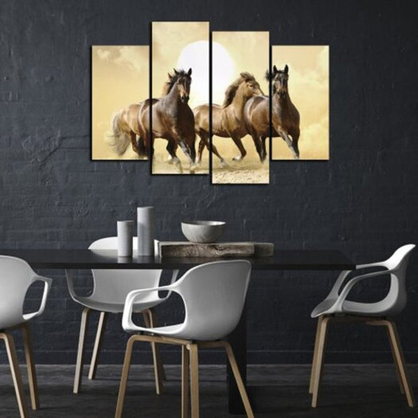 4 Panel Canvas Brown Horse Running Animal Painting Modern Home Wall Decoration